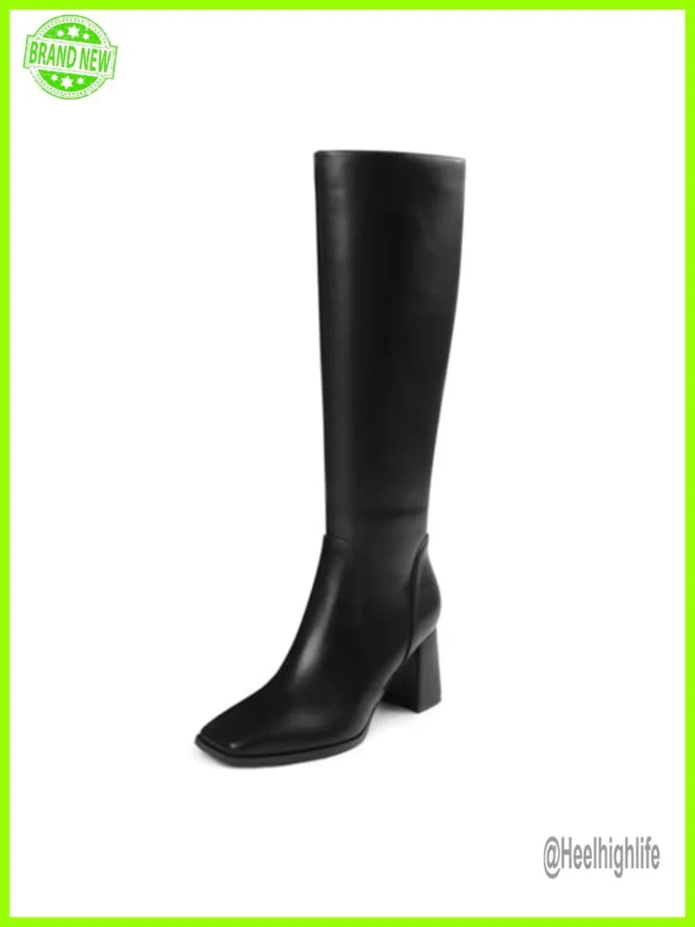 Knee High Boots Chunky Block Heel Square Toe Zipper Faux Leather